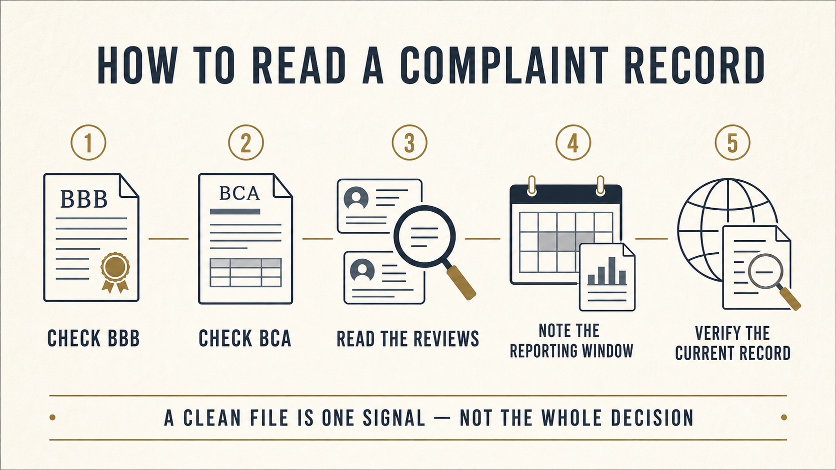 Five-step method for reading a complaint record: check BBB, check BCA, read reviews, note the reporting window, and verify the current record.